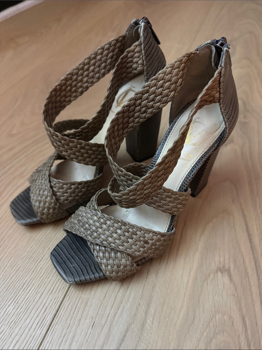 Vince Camuto leather Signature Amalfi Woven Strappy Block Heel Sandals in Taupe